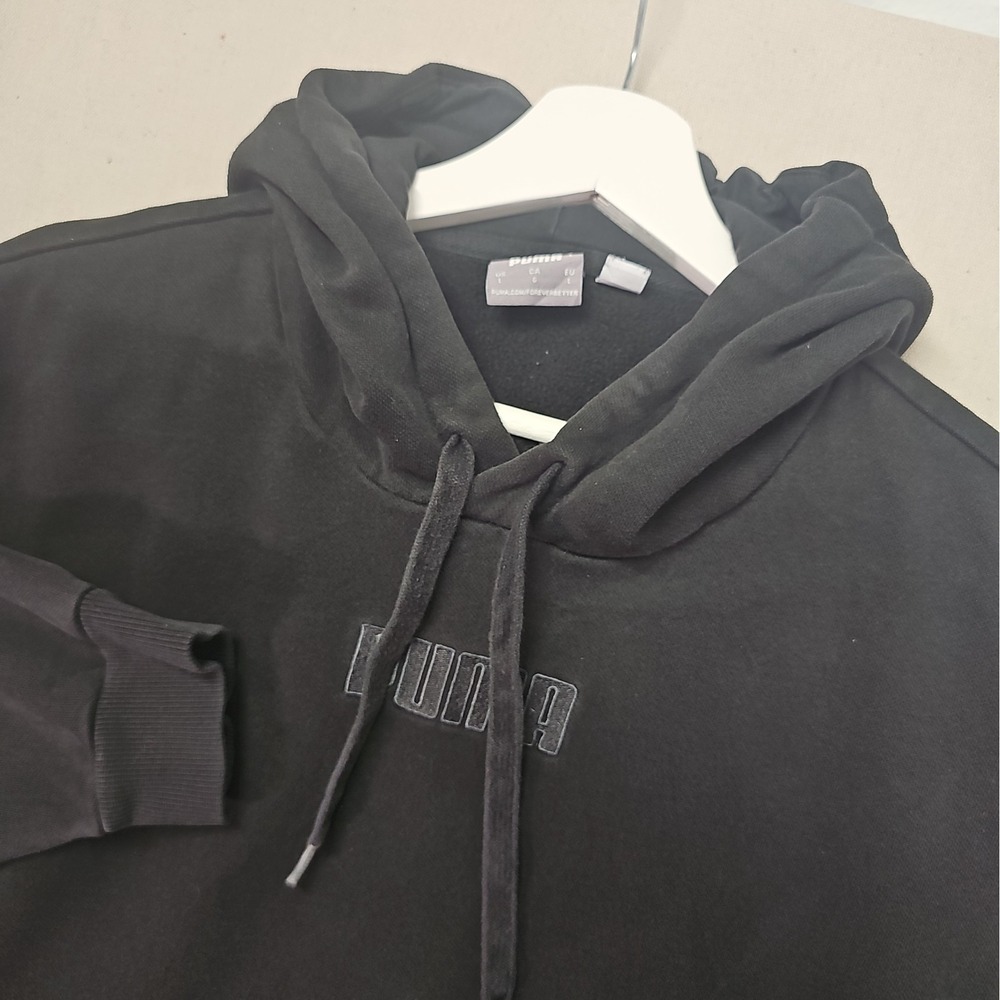 Puma Men's Large Black Box Logo Fleece Pullover Hoodie Sweatshirt Spellout FLAWS